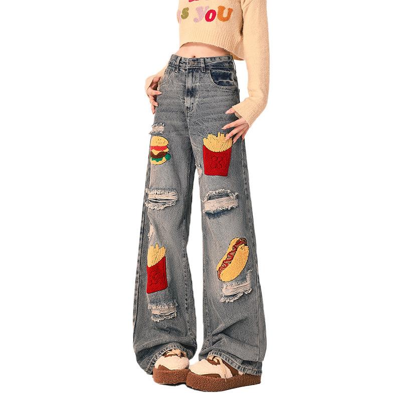 

Гамбургские утолщенные перфорированные джинсы, женские свободные прямые брюки с вышивкой и широкими штанинами, большие размеры, длинные брюки 2XL синий