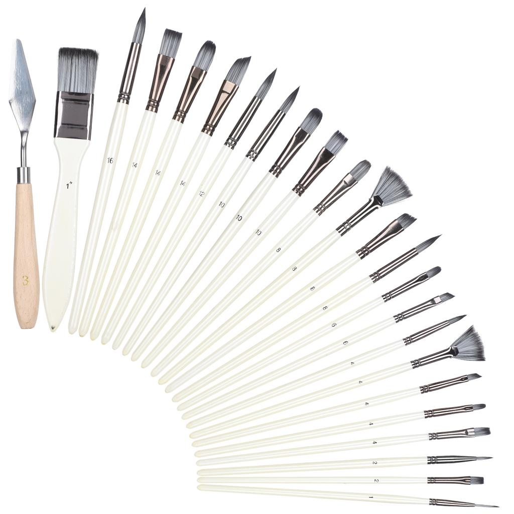 24Pcs Painting Brush Set Nylon Wool Wooden Handle with Bag for Acrylic Watercolor Paint