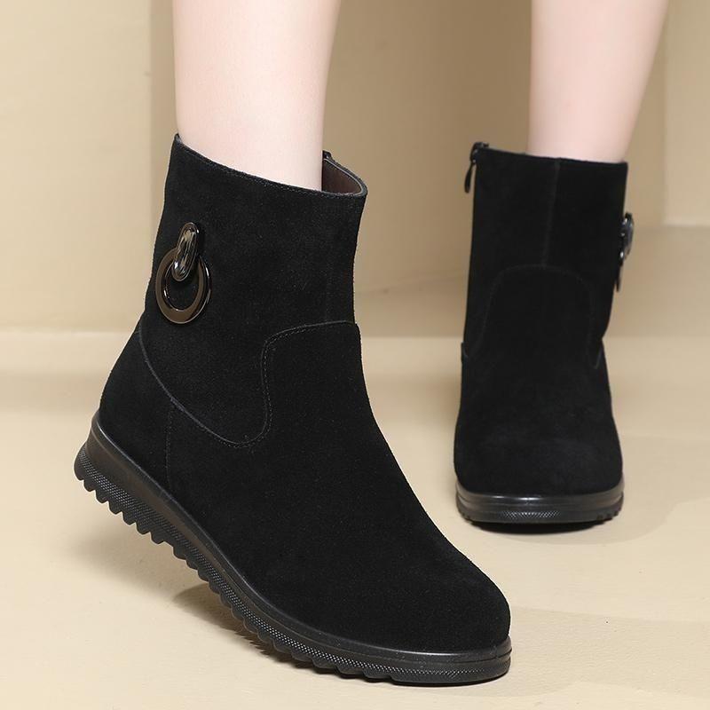 Black Flat Snow Boots for Women Round Toe Booties Sale Goth Fashion 2025 Winter Non Slip Chic and Elegant Plush Warm Woman Shoes cm