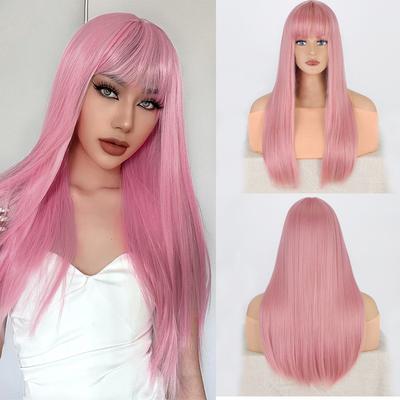 Długie Różowe Peruki dla Kobiet Włosy Syntetyczne Jedwabista Prosta Peruka z Grzywką Długie Peruki Cosplay Drag Queen Impreza Codzienne Noszenie Peruka Kostiumowa