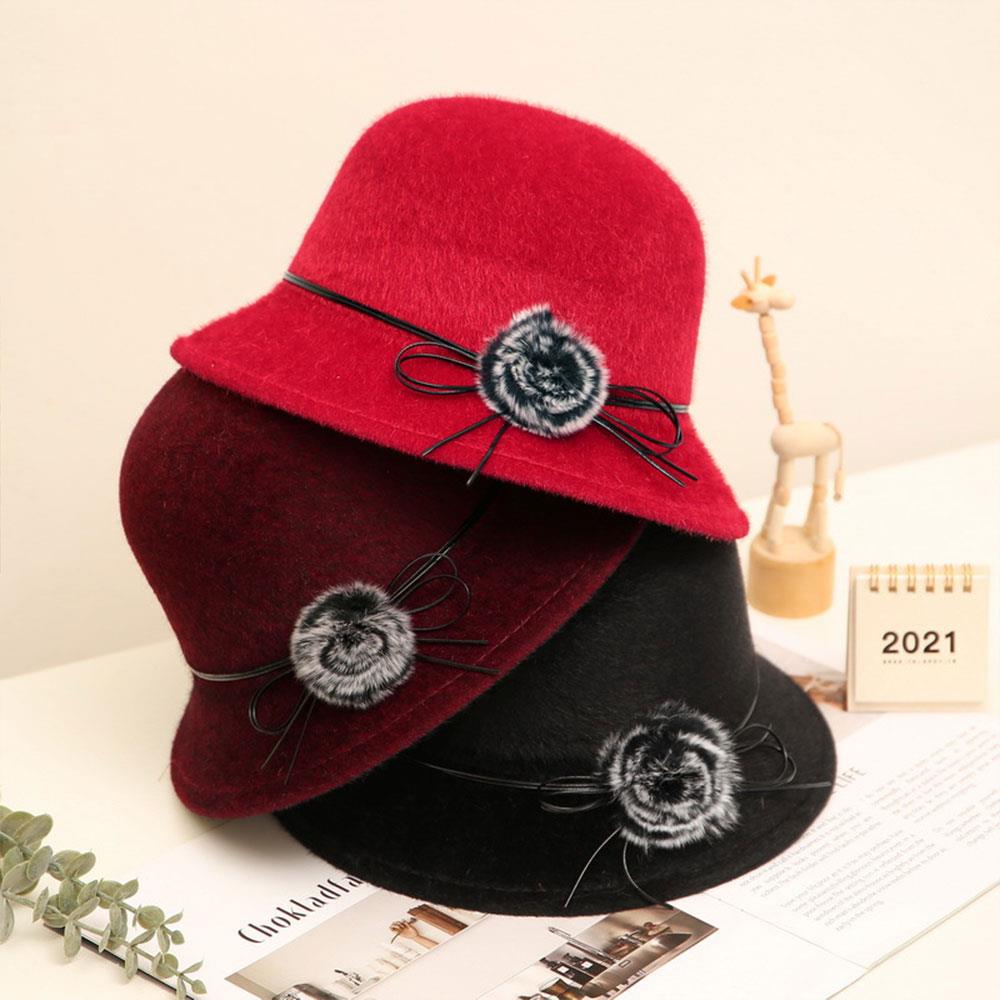 Elegant Women Fedora Hat Vintage Pompom Bowknot Flat Top Felt Hat Winter Autumn Imitation Woolen Bowler Cap Panama Church Hat