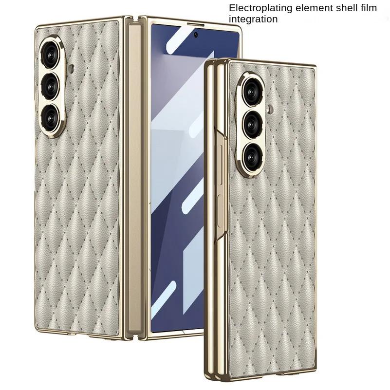 Trendy Prismatic Plain Leather Electroplated Bezel Glass Protector Case for Samsung Galaxy Z Fold 7 Fold7 Lens Protect Cover