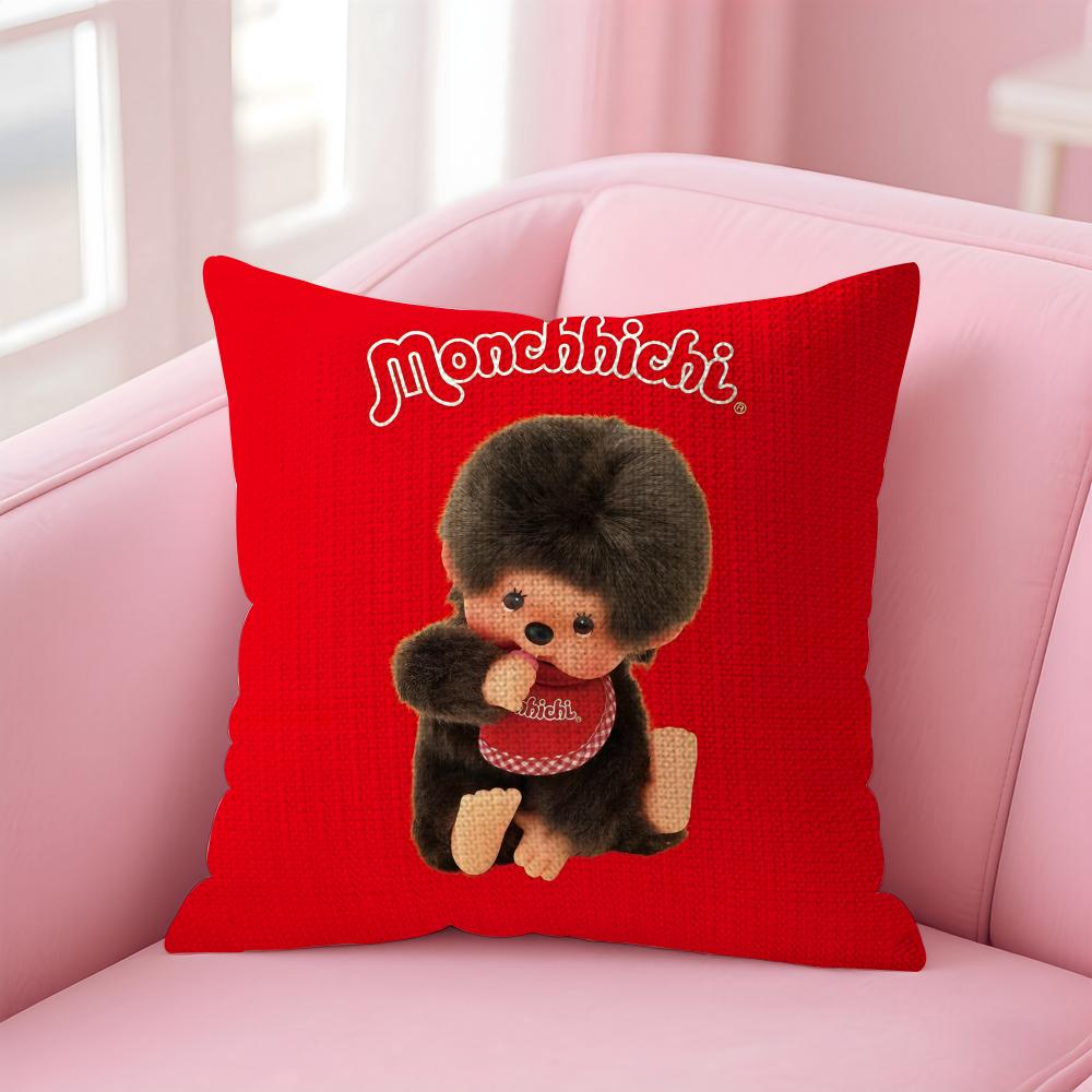 MMonchhichi Cute Cushion Cover Natural Linen Pillow Case DoubleSided Print Decorative Sofa Pillowcase Home Decor Gift