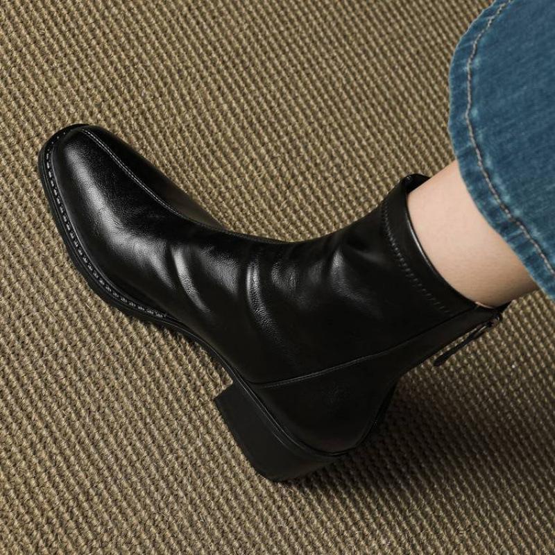 New Versatile and Comfortable Rear Zipper Martin Boots Solid Color Leather Large Size Leather Boots Square Heel Women's Boots Autumn and Winter Mid-tu