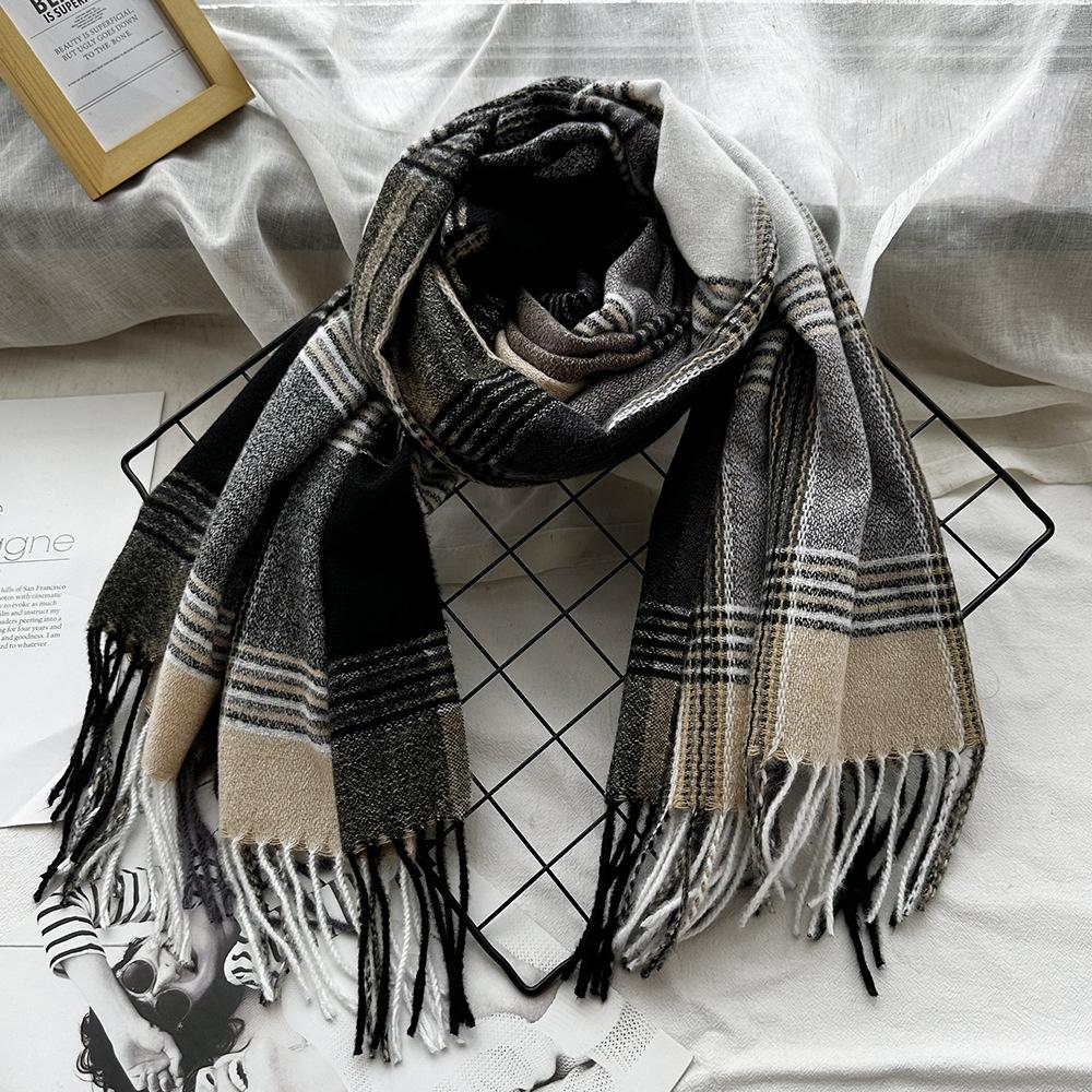 Extra Long Imitation Cashmere Plaid Scarf for Women Winter Fashion Tassel High End Shawl Literary Men's Scarf