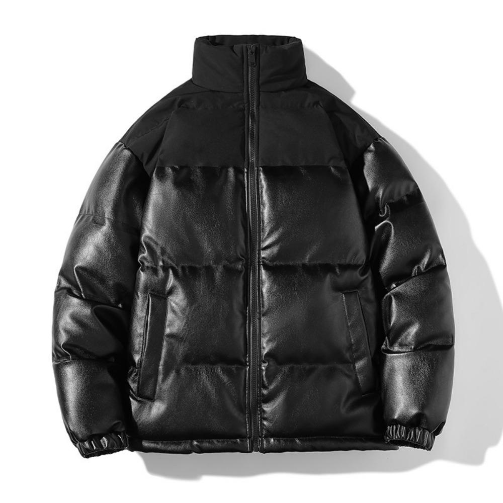 

cotton-padded coat men s thickened winter coat stand-up collar trendy brand splicing versatile leather cotton-padded jacket handsome student M