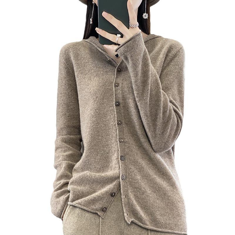 Women's Fashionable Pure Wool Cashmere Hoodie Cardigan - Autumn/Winter Knitwear Long Sleeve Loose Sweater.