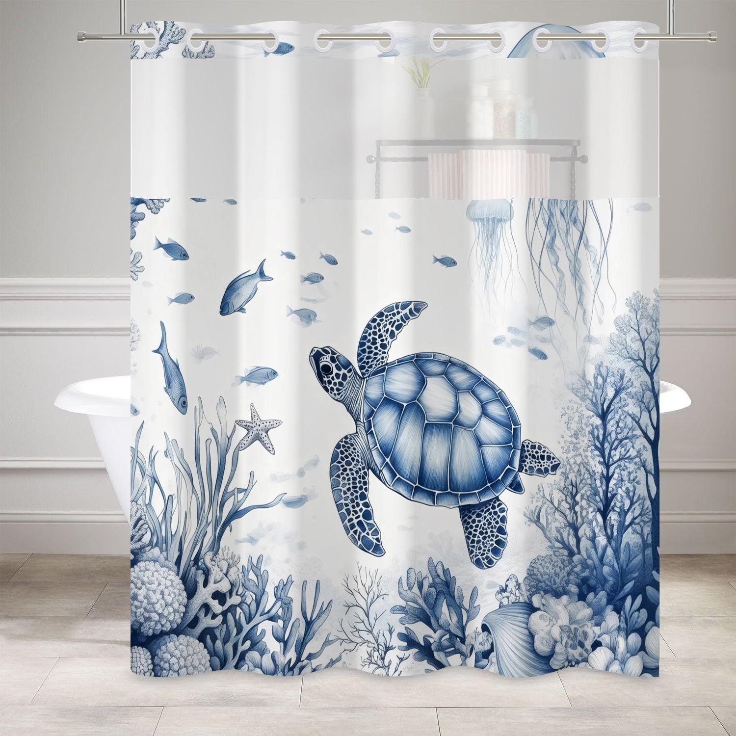

Double Layer Waterproof Shower Curtain With Sea Turtle And Fish Print Easy Install Built-In Liner Ocean Theme Bathroom Decor W60H190(CM)-1 Pcs