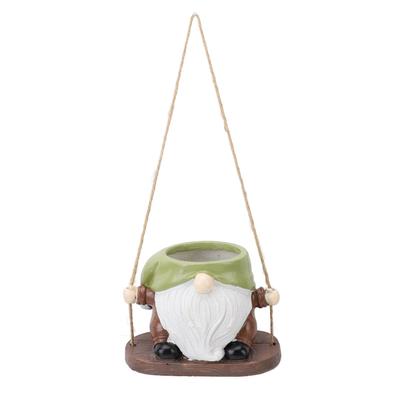 Swing Plant Pot Resin Cute Faceless Gnome Figurine Decorative Hanging Planter for Indoor Outdoor Green Brown
