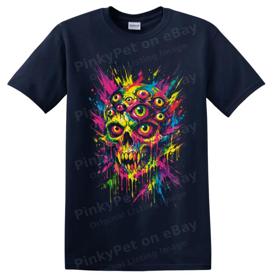 Psychedelic Multi Eyed Skull T Shirt Neon Paint Splash Horror Art Graphic Tee
