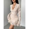 Sexy Lace Deep V Neck Long Sleeve Ruffle Hem Bodycon Dress