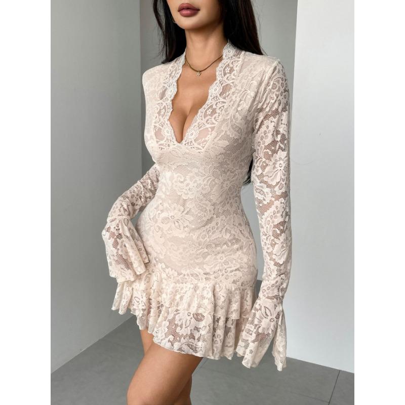 Sexy Lace Deep V Neck Long Sleeve Ruffle Hem Bodycon Dress