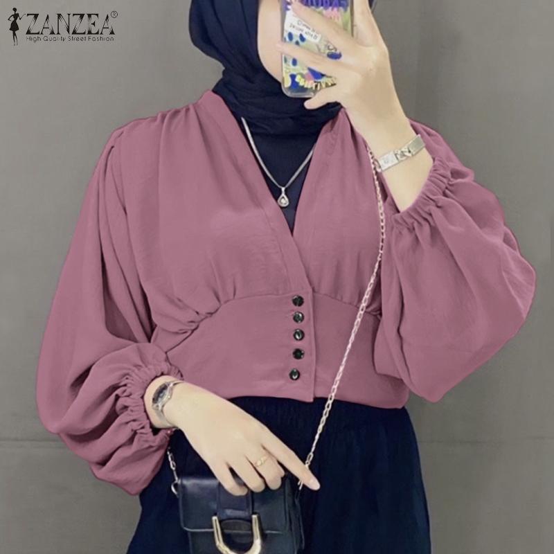 

ZANZEA Женская повседневная свободная блузка с v-образным вырезом и длинными рукавами на пуговицах