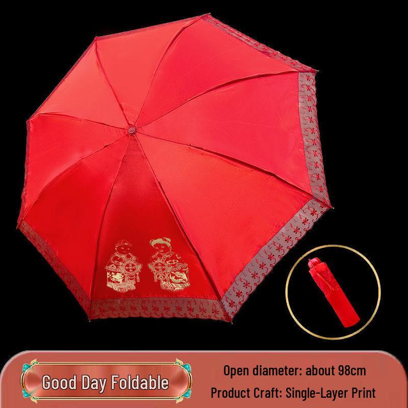 Eleganter roter Brautschirm mit gestickter Spitzkante und langem Griff für Hochzeiten