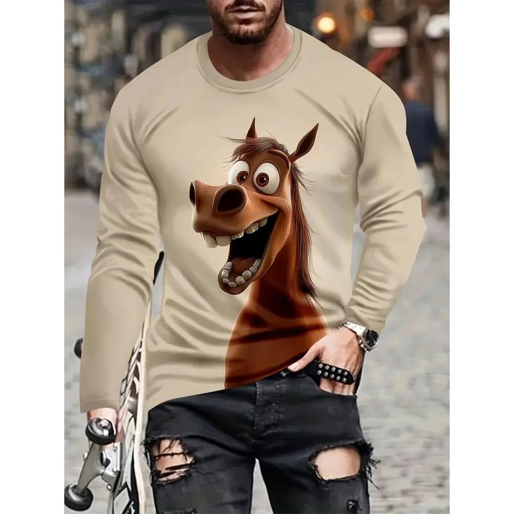 Cartoon Vibrant Rabbit Long Sleeve T-shirt Funny Animal Theme 3D Print T-shirt Man Casual Crew Neck T-shirt