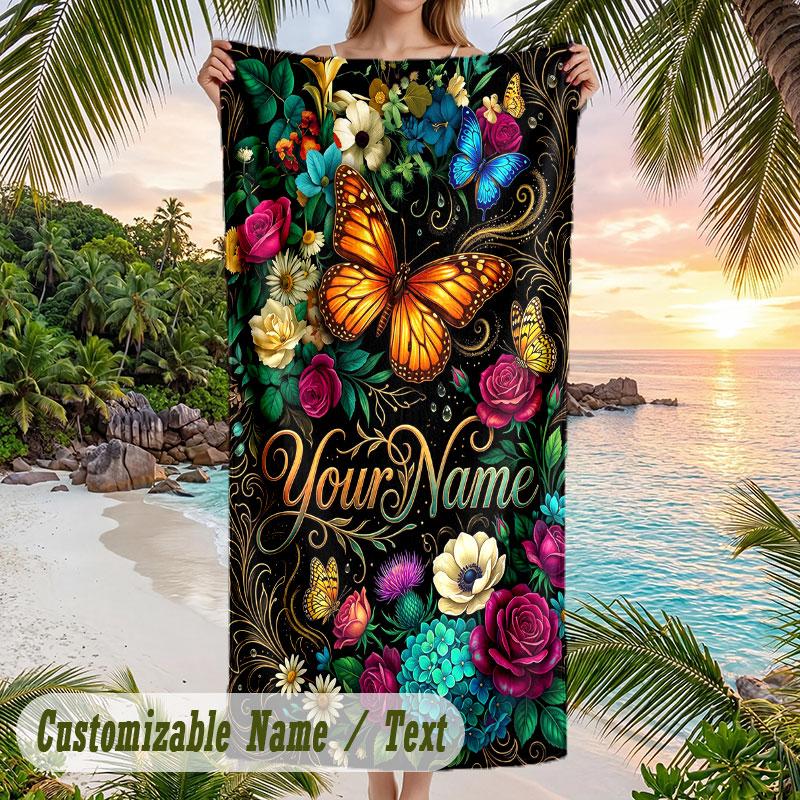Floral Fantasy Butterflies 1 Theme Quick Dry Beach Towel Custom Name Text Print Large Sand Resistant Towel Beach Vacation