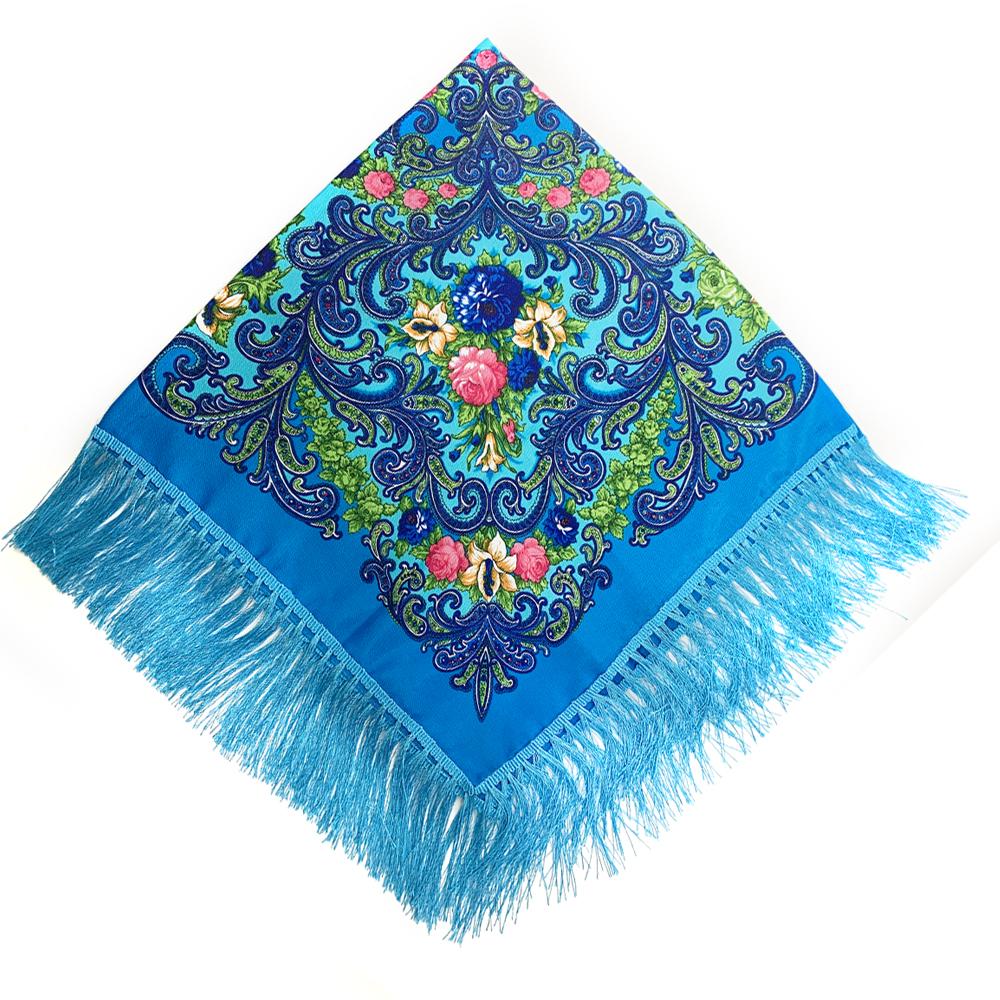 90*90cm Women Russian National Square Scarf Luxury Floral Print Russian Shawls Scarves Female Retro Fringed Foulard Wraps