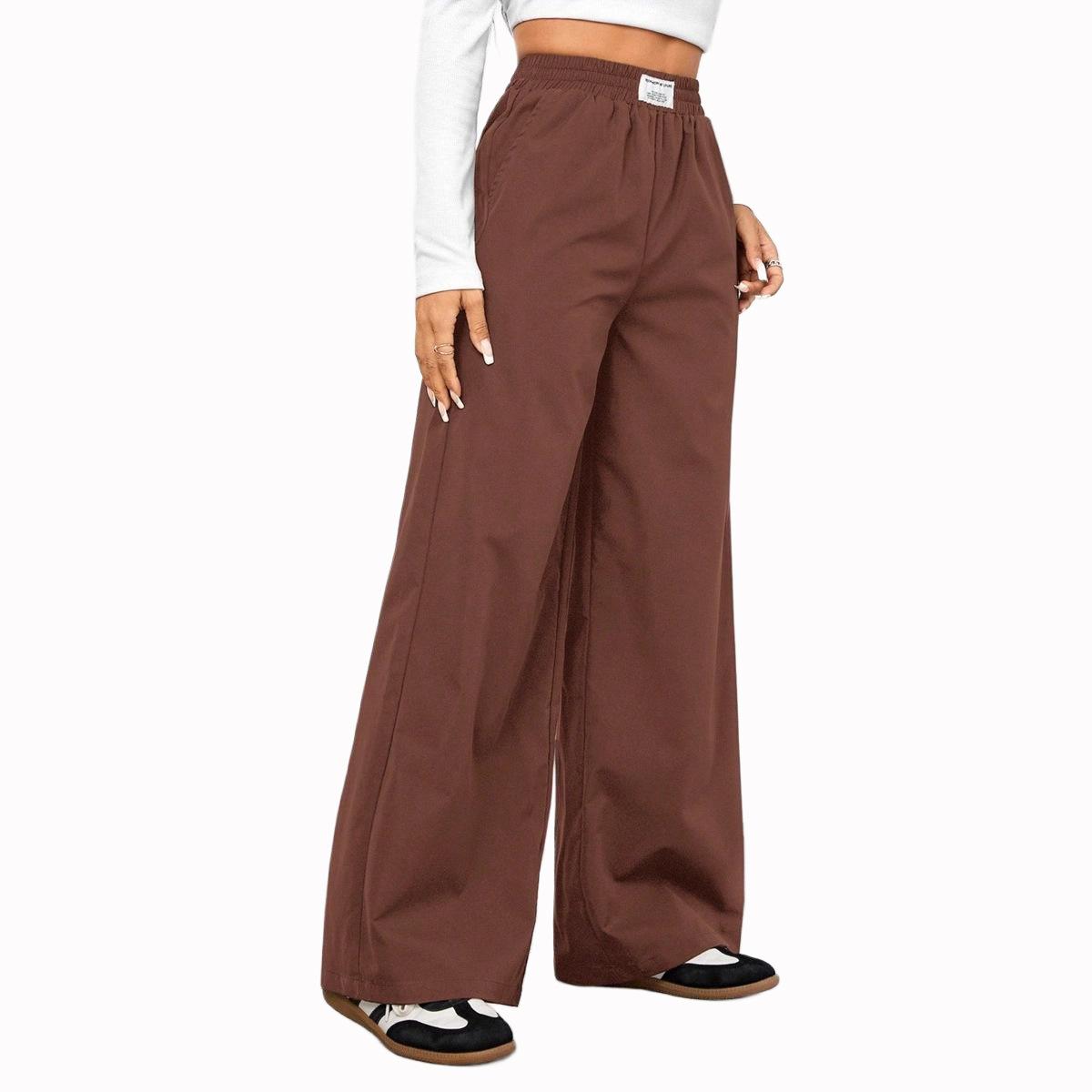 

Women Elastic Waist Solid Wide Leg Pocket Detail Casual Pants S коричневый