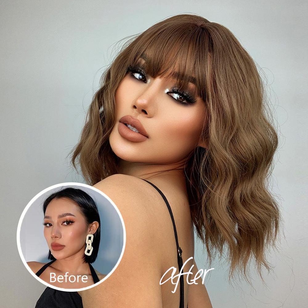 Short Wavy Honey Brown Copper Synthetic Wigs with Bangs Cosplay Bob Wig for Women Afro Daily Natural Heat Resistant Hair