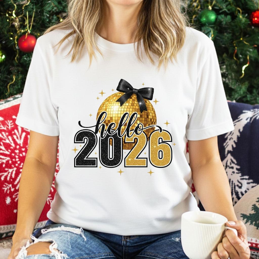 Hello 2026 New Year TShirt Festive Disco Ball Tee Happy New Year Gift Party Top