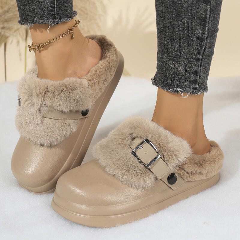 Mode Metalen Gesp Furry Muiltjes Pantoffels Dames 2025 Winter Eva Pluizig Bont Binnenpantoffels Comfort Dikke Zool Antislip Huis Slides