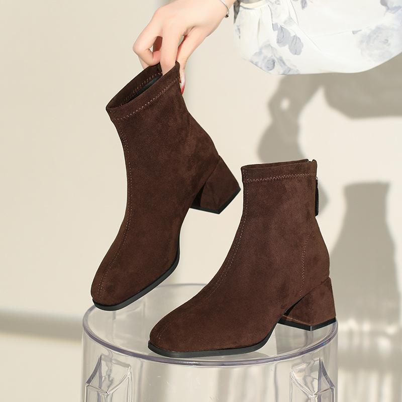 French Suede Velvet Short Boots Autumn and Winter 2025 New Square Head Thin Martin Boots Women's Elastic Thin Boots Thick Heel Boots