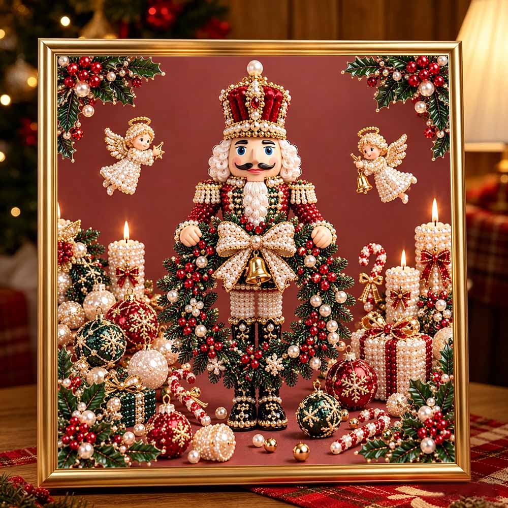 DIY Framed Pearl Painting Kit with Christmas Nutcracker and Angels Pattern 5D Sparkling Bead Art Canvas Ready to Display Holiday Home Decor Gift Idea