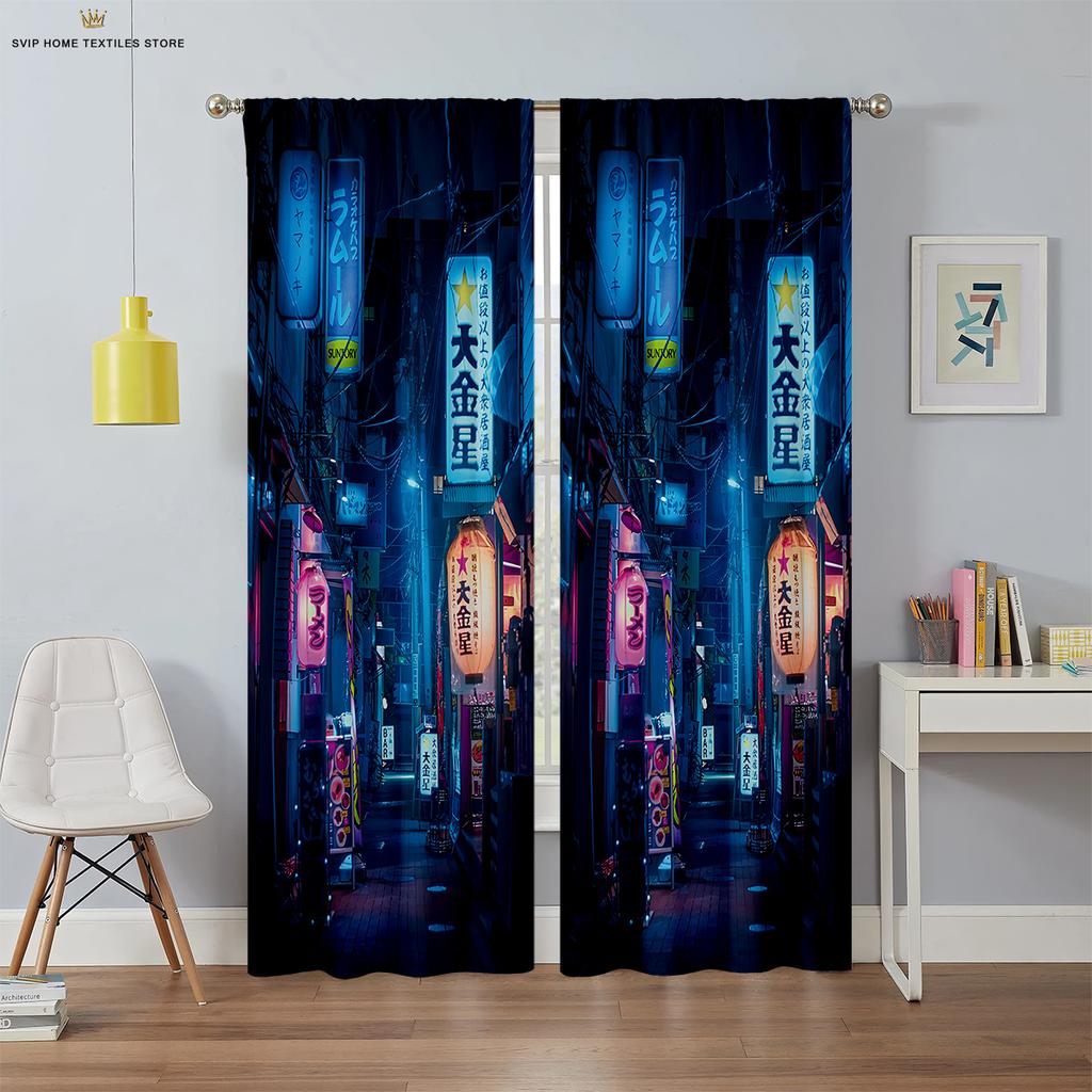 City Night View Building 3d Printing Curtains Living Room Study Bedroom Blackout Curtains High Quality Black Silk Material 2 Pcs