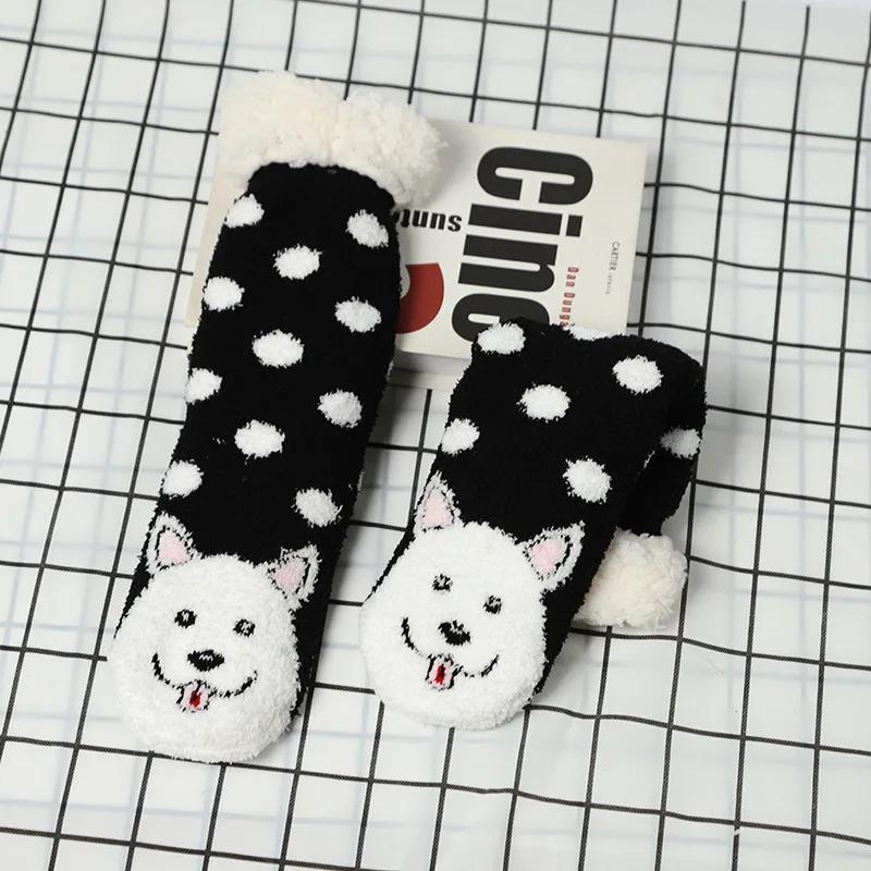 Fuzzy thermal Socks Women Winter Funny Cat Dog Cute Kawaii Non Slip Cartoon Sleeping Soft Comfy Female Floor Slippers Sock