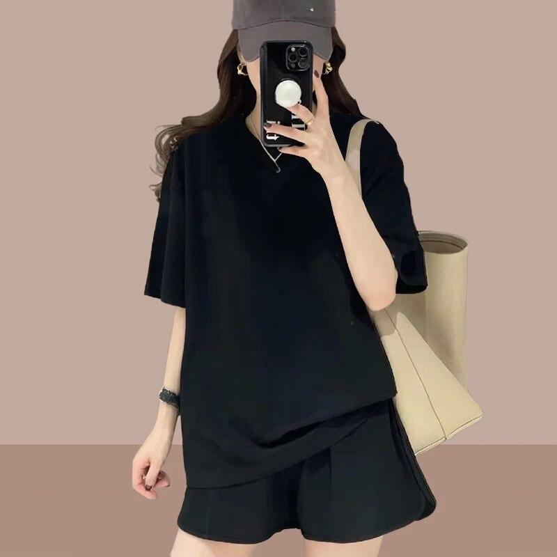 2025 Summer Casual Women Sports set Solid Color Suit korean simple Loose Short Sleeve O-neck Tops & Shorts Pant Two Piece Set