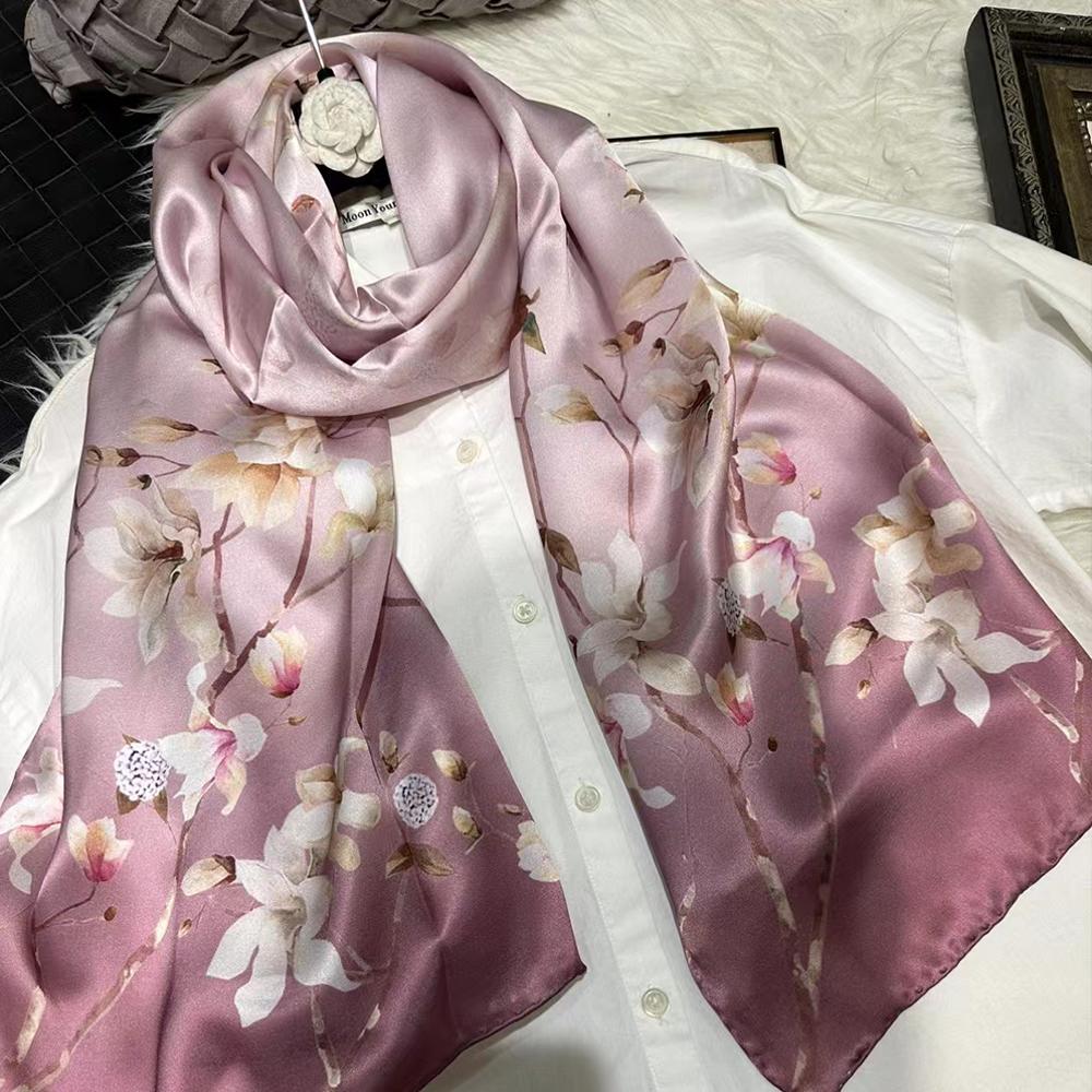 Chinese Style Ink Lotus Silk Scarf Shawl Women  New Design 100% Natural Silk Long Scarves Grey Pink Neck Scarves 175*53Cm