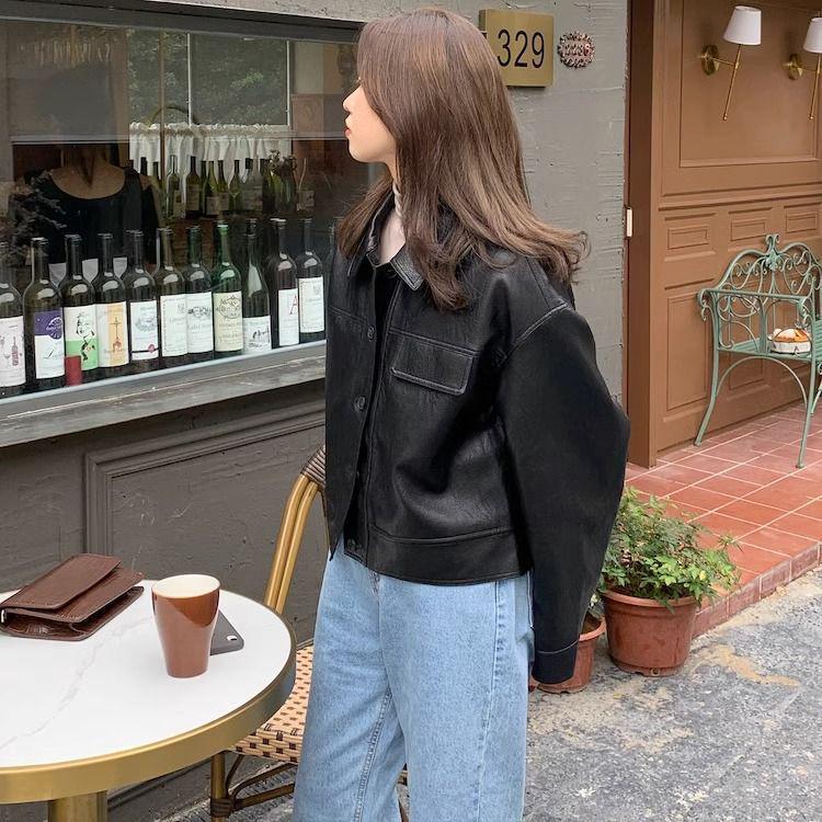 Women's European Style Brown PU Leather Jacket - Retro Petite Spring/Autumn 2025