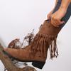 Vintage Tassels Thick Heels Mid Calf Boots Women Autumn Winter Pointed Toe Western Boots Woman Plus Size 43 Zipper Cowboy Botas