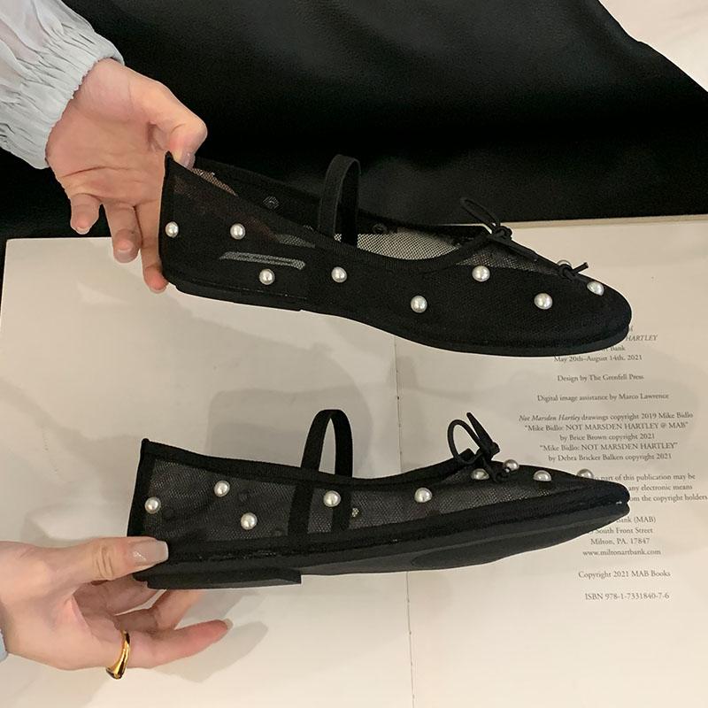 Moda Moda Stringa Perline Basse Scarpe Mary Jane Piatte da Donna Calzature con Nodo a Farfalla da Donna Rete Scarpe Ballerine da Donna Scarpe da Ballo