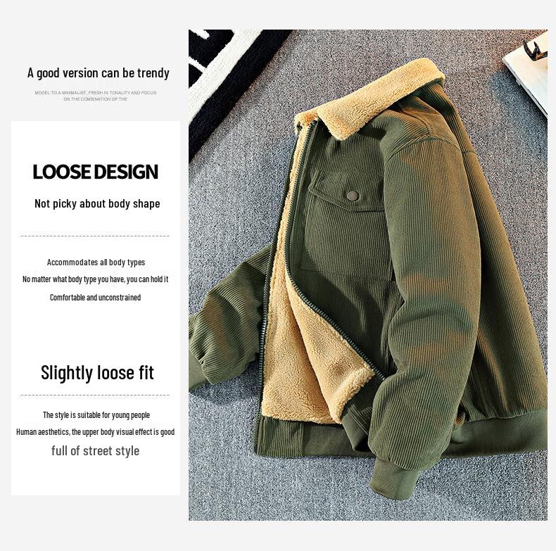 Men's Thick Corduroy Jacket with Fleece Lining - Long Sleeve Warm Cotton Outerwear