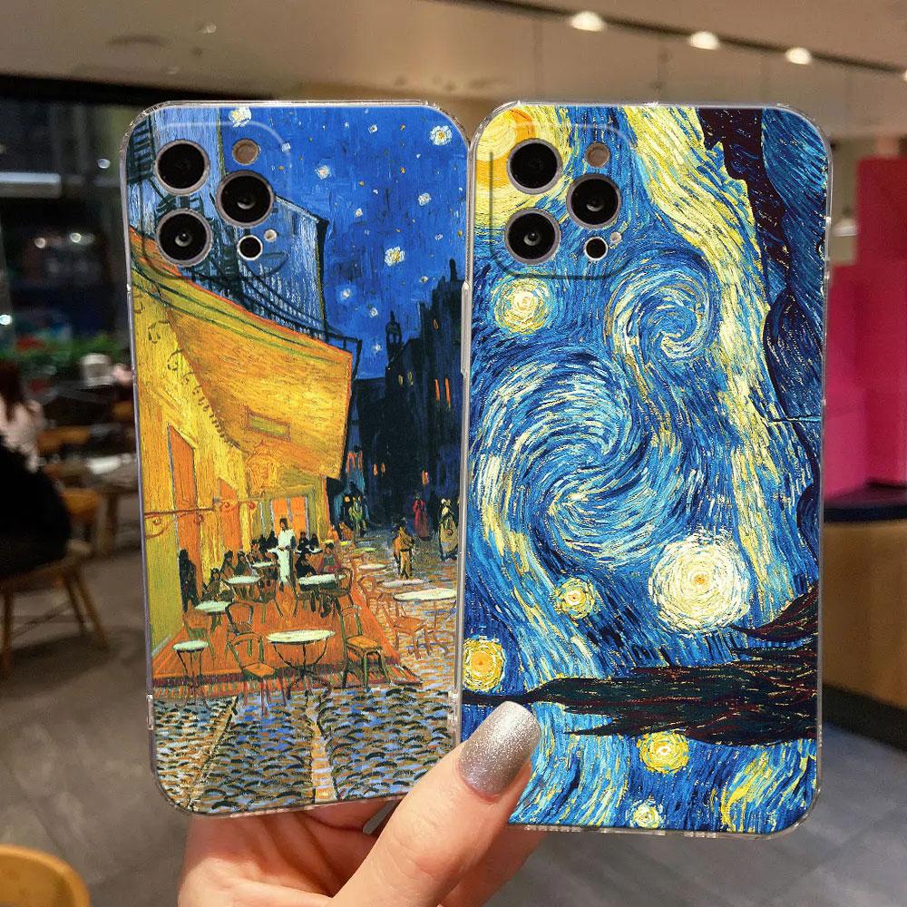 Van Gogh Painting Clear Phone Case For iPhone 15 14 11 12 13 Pro Max Mini XS XR 8 Plus Cover Cafe Terrace Starry Night Sunflower