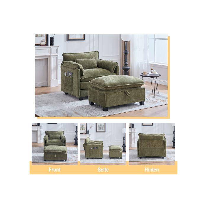 Fauteuil - MUVOE - Velours - Confortable - Poches latérales - Tabouret de rangement