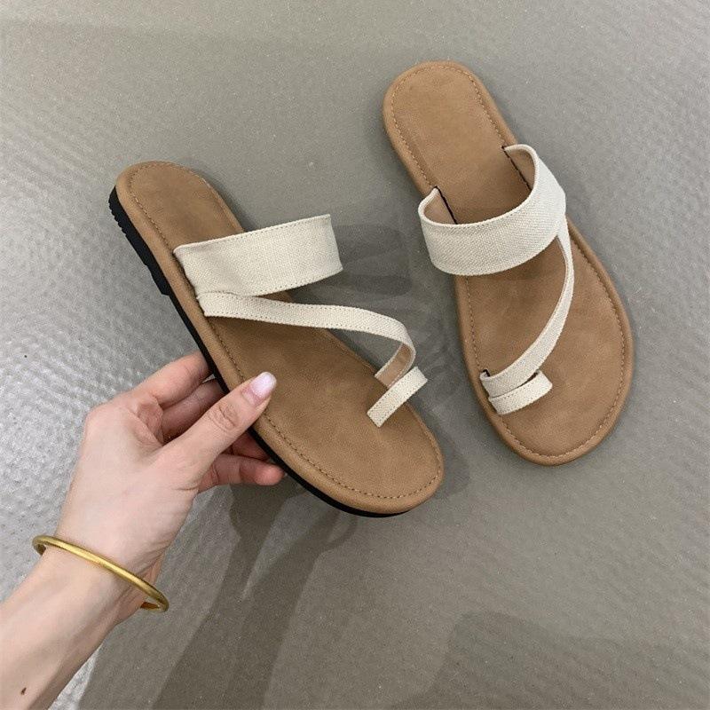 Set of toe Roman sandals 2025 summer Korean version ins style linen toe holiday beach flat cool slippers women