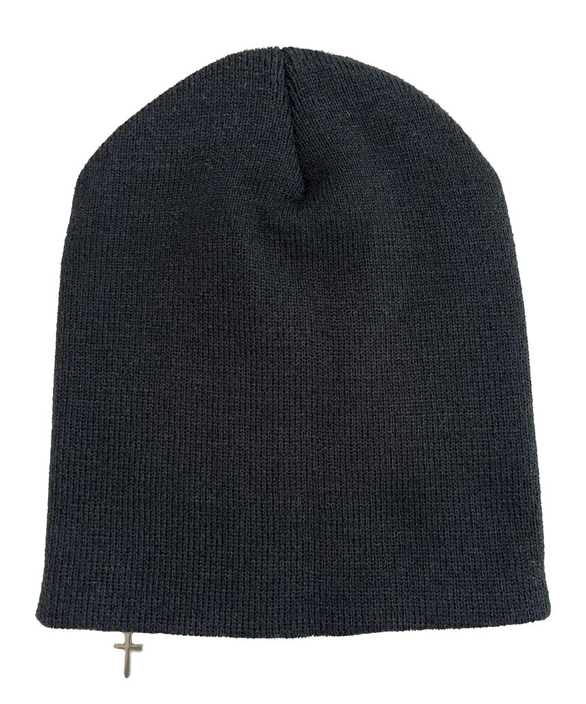 SK8ER ROCK Cross Charm Patchwork Beanie ((Black))