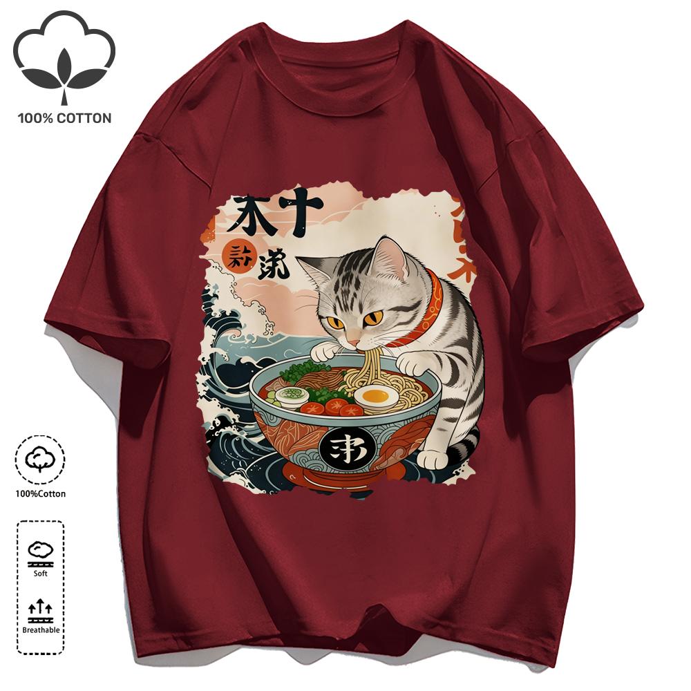 A Cat That Likes To Eat Noodles Print T Shirt Unisex Casual Loose Short Sleeve Summer Soft Clothing O-Neck Unisex Cotton Tee