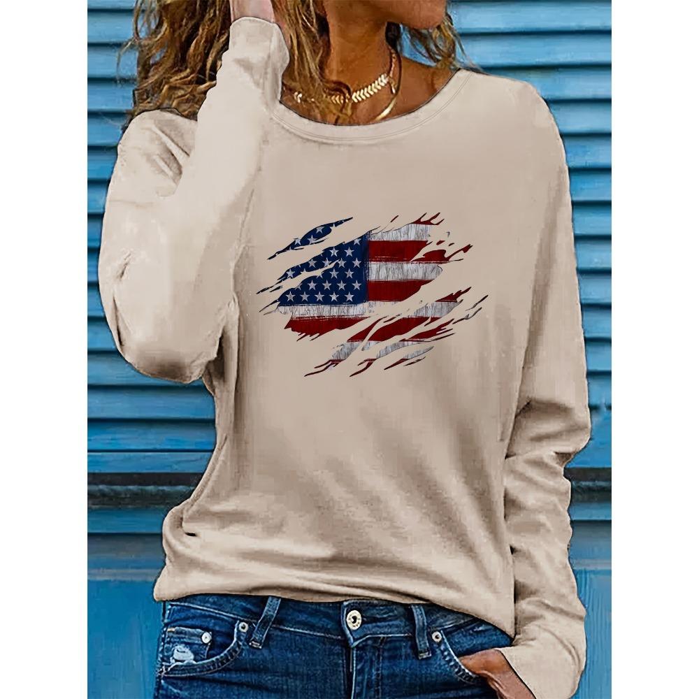 Women's Spring and Autumn Comfortable Casual Fashion Long Sleeve American Flag Pattern Printed Round Neck T-shirt