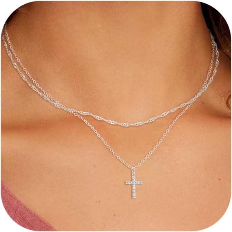 Easter Basket Stuffers CZ Cross Necklace for Women Teen Girls Dainty 14K Real Silver Gold Plated Layered Pendant Necklace Stack