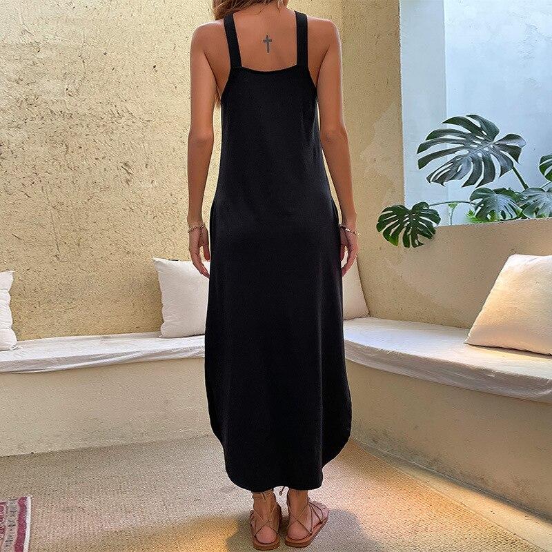 Sexy Black Sleeveless Long Dress Women Summer Fashion Solid Loose Off-the-shoulder Ladies Dress Casual Halter Robe Femme 26311