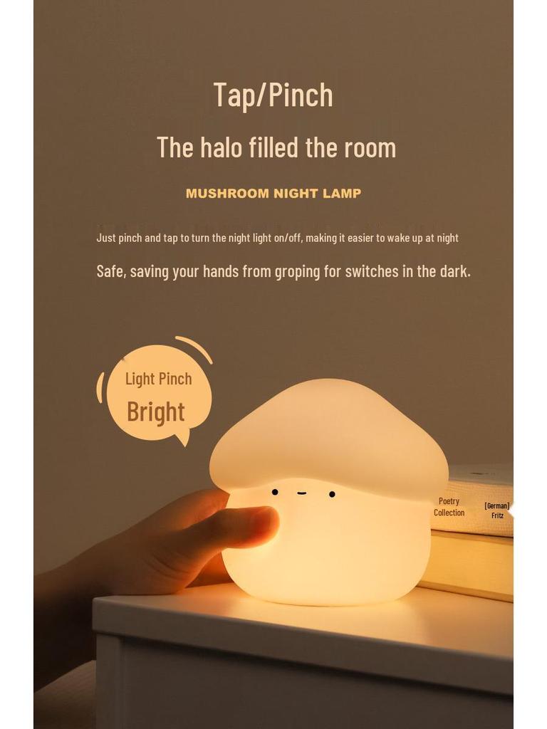 USB Rechargeable Mushroom Silicone Night Light with Dimmable Touch for Bedroom and Baby Feeding