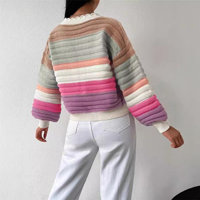 Rainbow Striped Color Block Jacquard Cardigan Women‘s - Knit Sweater Open Front