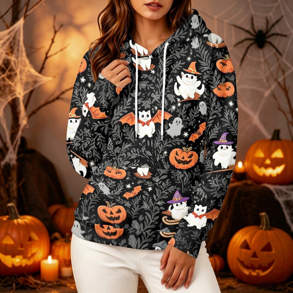 Women's fashionable long-sleeved Halloween print hooded pullover hoodie top