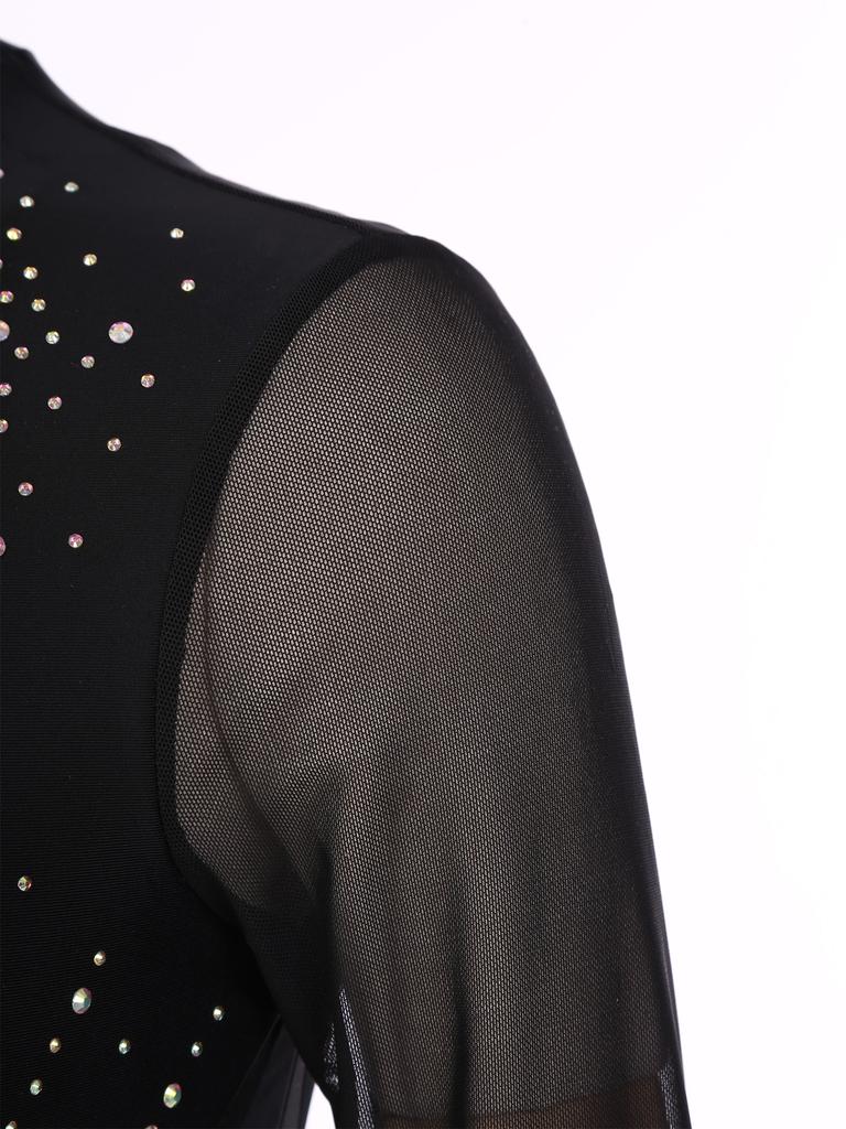 Women Long Sleeve Rhinestones Mesh Gymnastics Leotard Bodysuit Ice Skating Jumpsuit