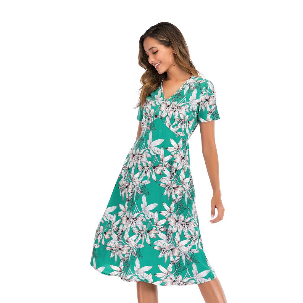 Kadın Yaz Rahat V Yaka Kısa Kollu Salıncak A Hattı Şifon Baskı Şık Uzun Elbise S-XL