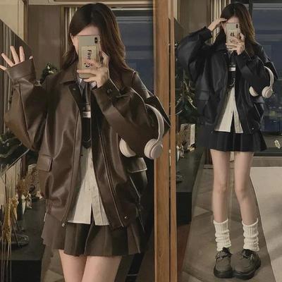Ankola Women's Red Leather Retro Baseball Jacket - 2024 Spring/Autumn