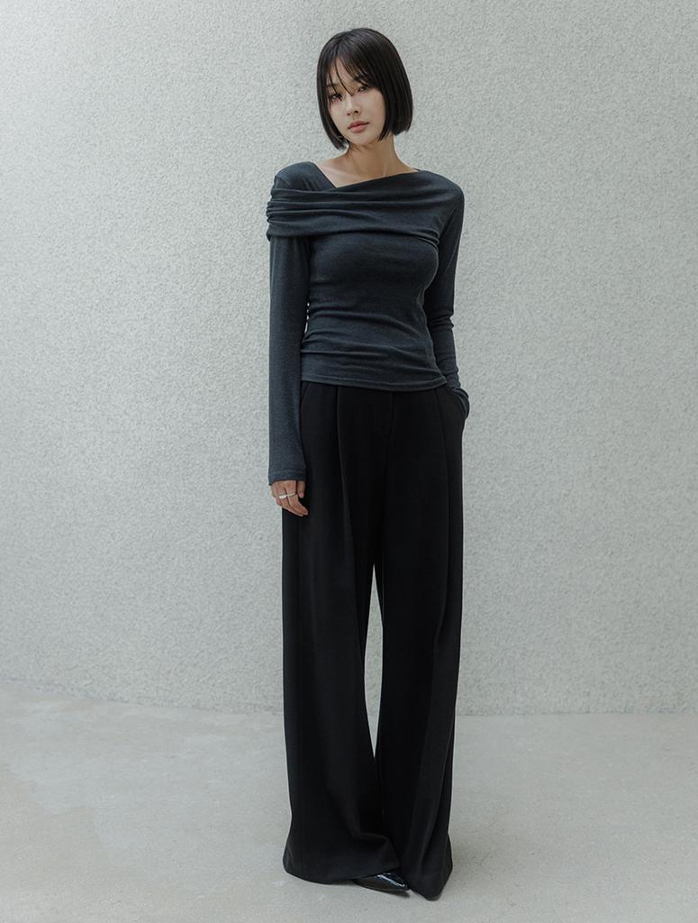 Memua Herringbone Maxi Wide Slacks (Black)